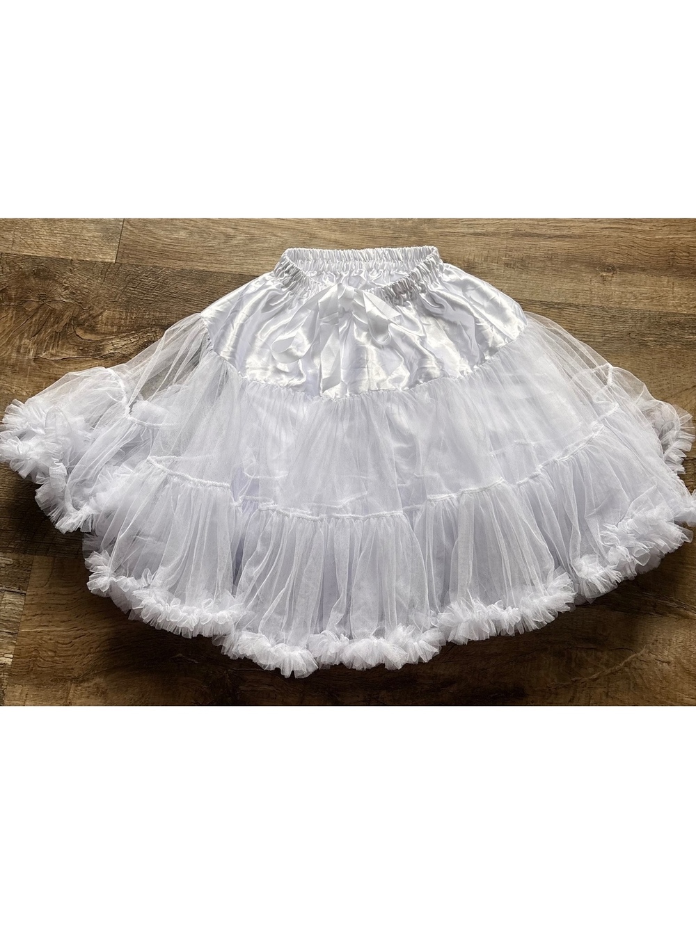 White Youth Petticoat Skirt with Satin Waistband and Ruffled Tulle Layers 7/8